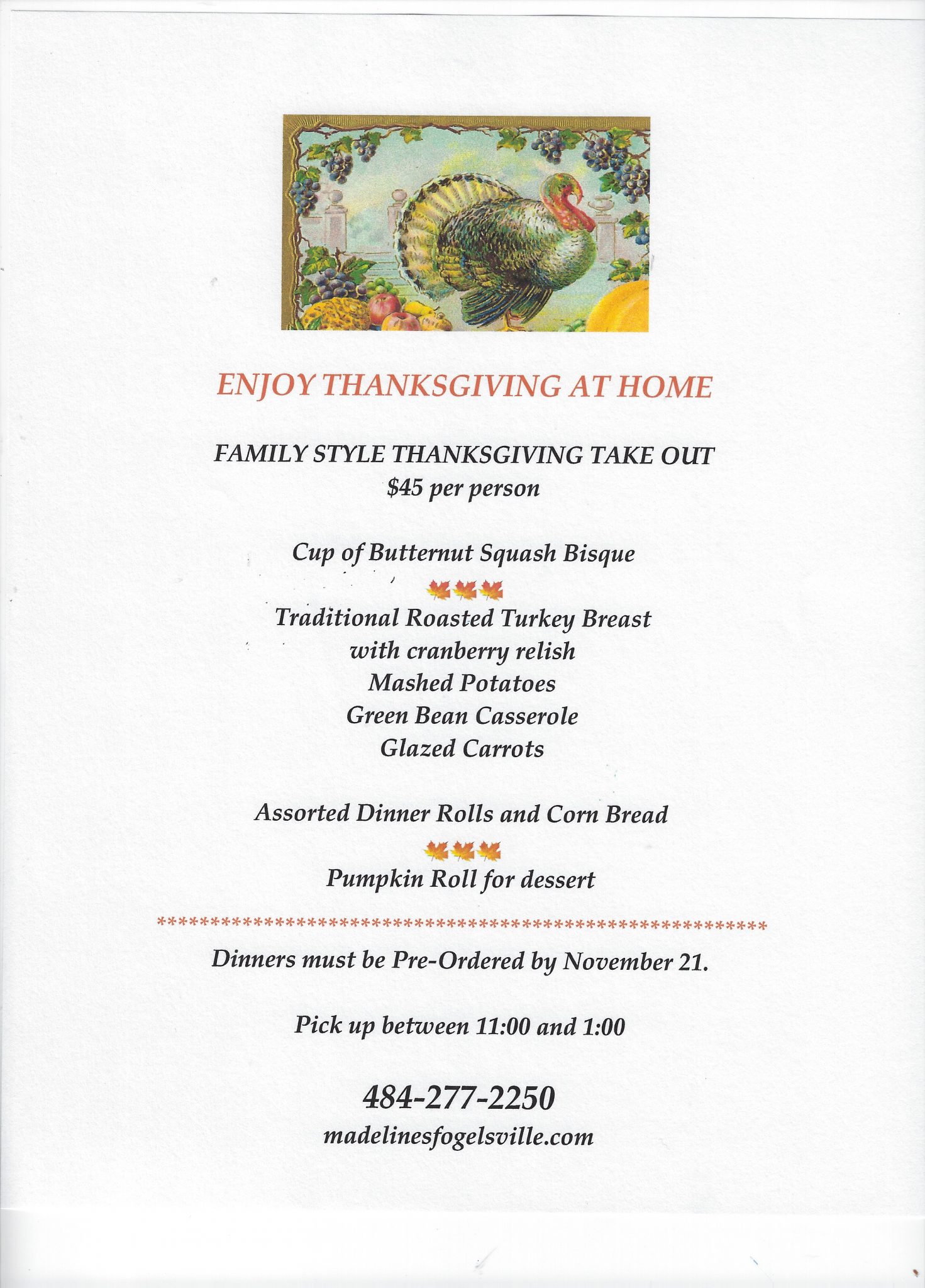 Menu for Madeline's Fogelsville Fine Dining Restaurant Allentown PA